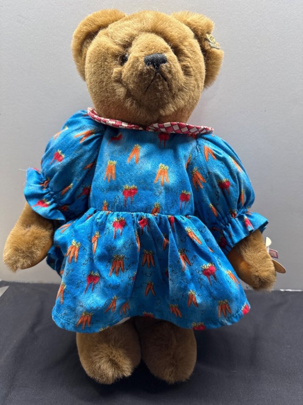 Annette Funicello Collectible Gardener Bear Blue Dress Carrot Print 14 Inches